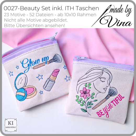 Beauty Set inkl. ITH Taschen | Kosmetik & Make-up Stickdateien | ab 10x10 cm