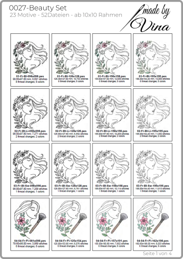 Beauty Set inkl. ITH Taschen | Kosmetik & Make-up Stickdateien | ab 10x10 cm